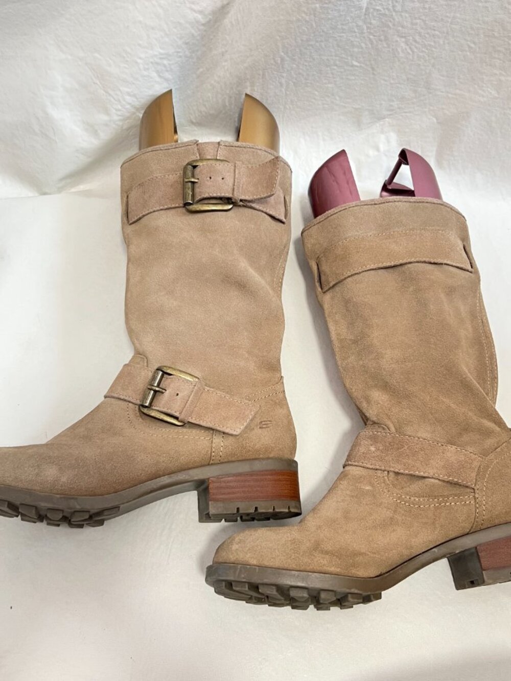 Skechers boots beige tan suede Lunacy womens 10 moto biker mid calf pull on - Picture 6 of 10